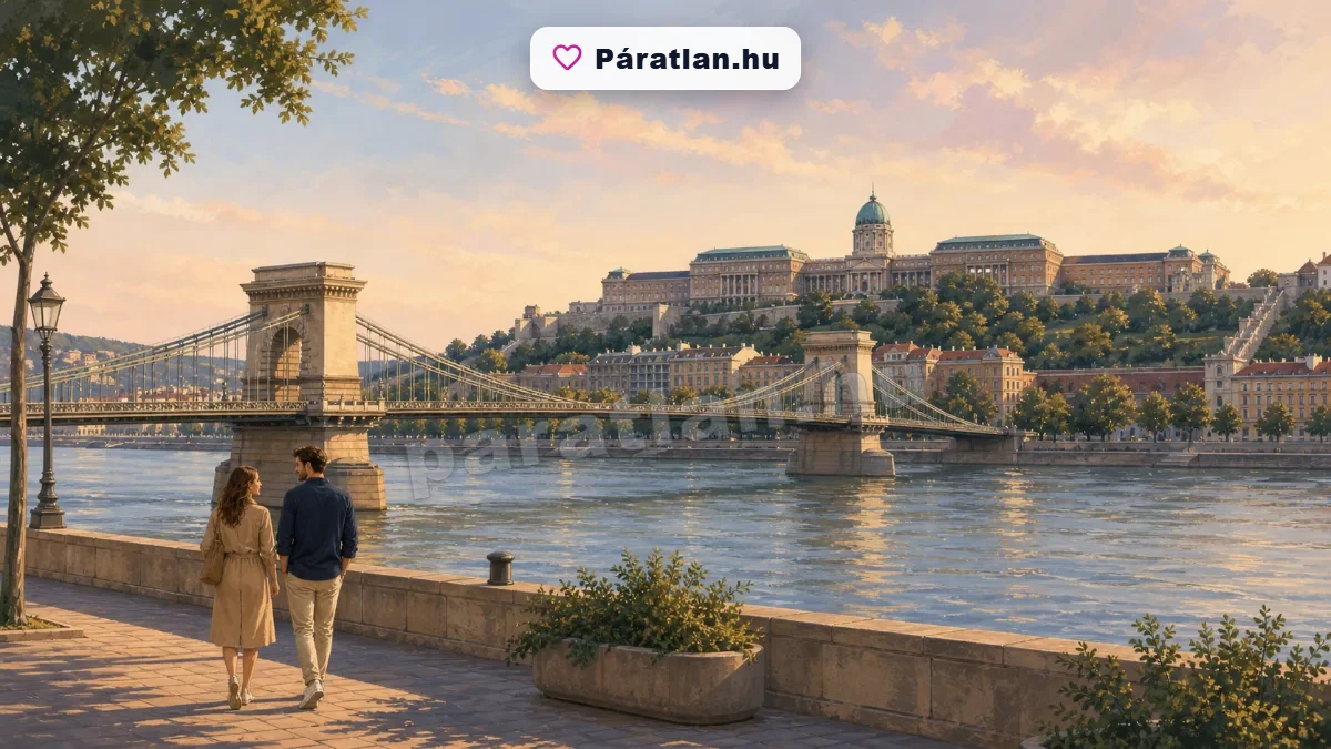 Budapest panorámája a Dunával, a Lánchíddal, a budai Várral és egy sétáló párral
