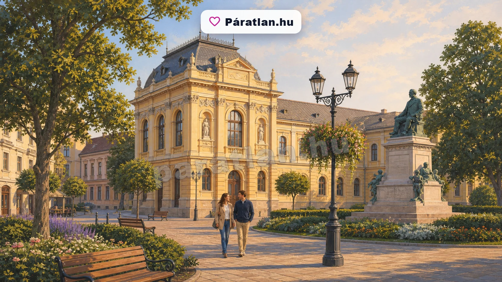 Hódmezővásárhely városi hangulat egy sétáló párral