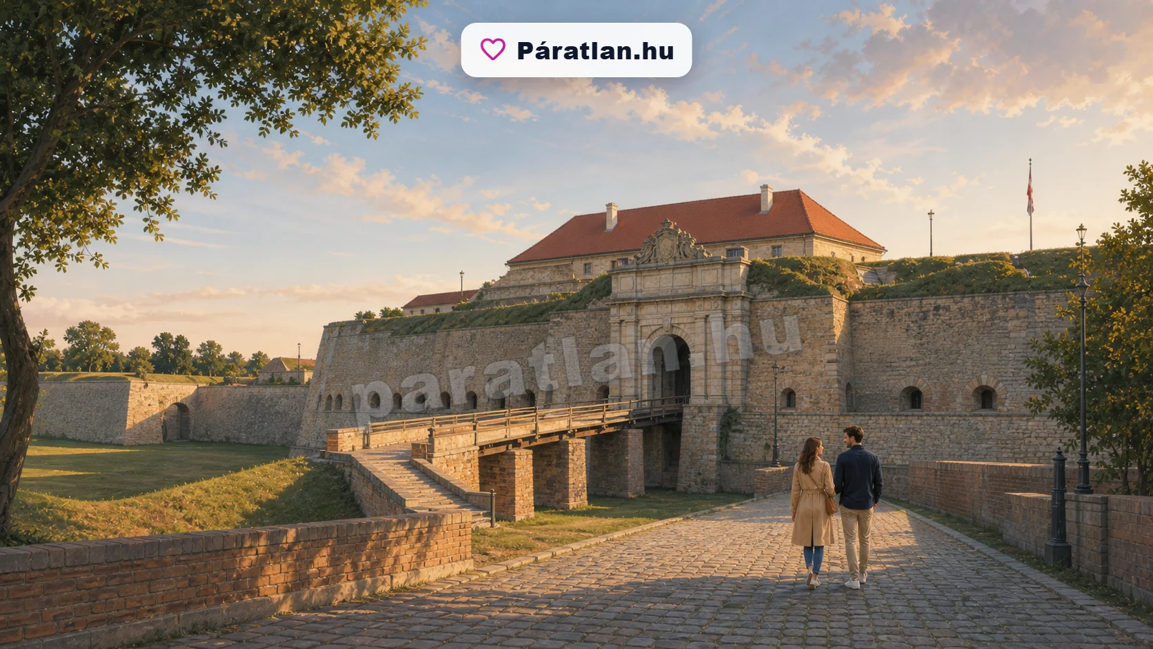 Komárom városi hangulat egy sétáló párral
