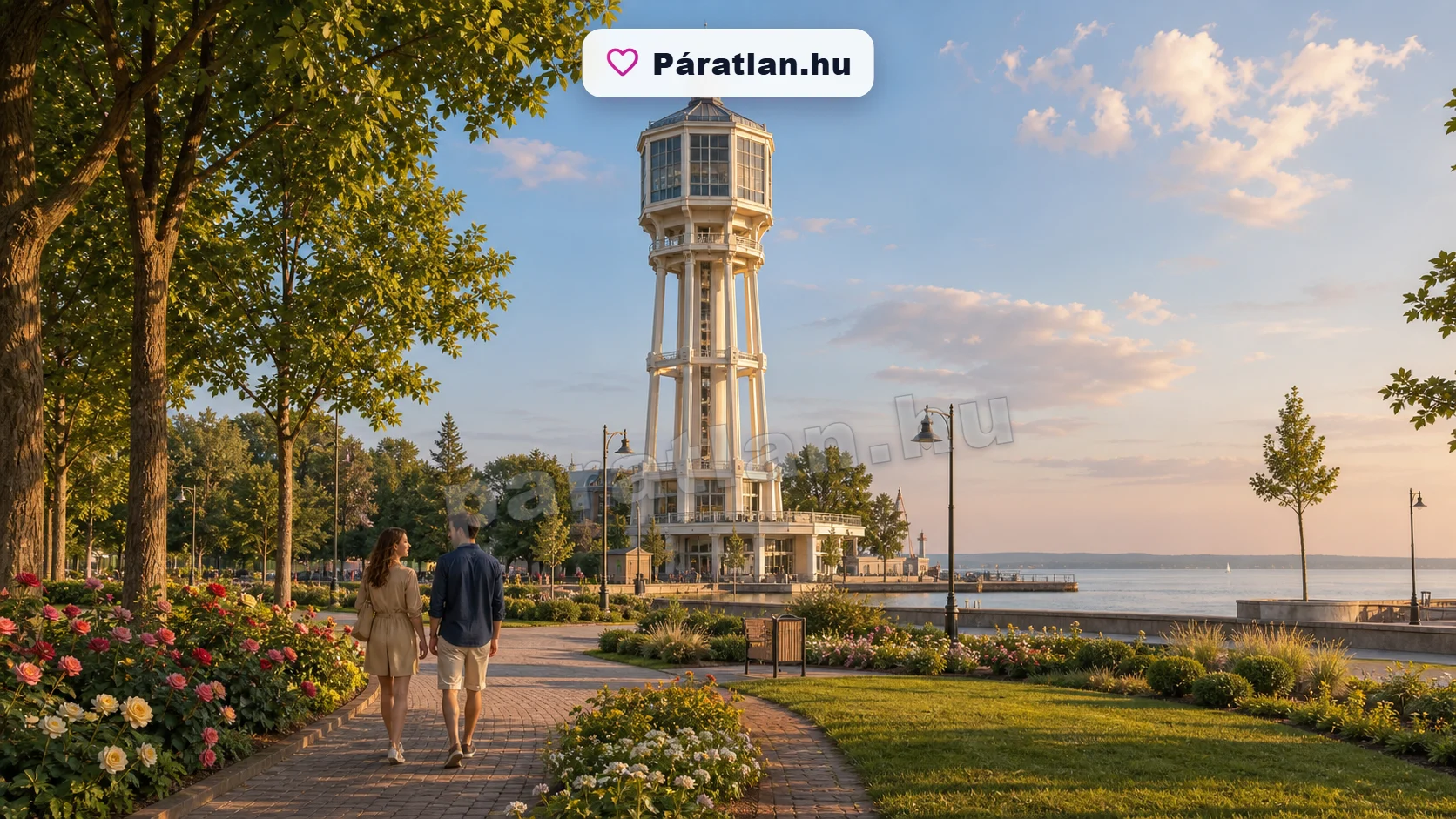 Siófok városi hangulat egy sétáló párral