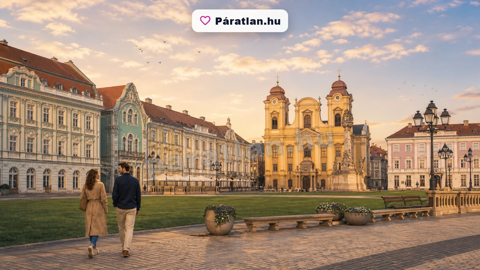 Temesvár városi hangulat egy sétáló párral